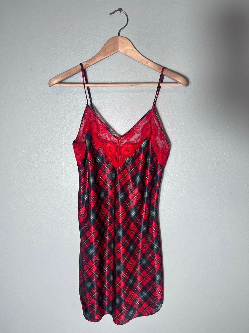 Escapades Vintage Plaid Red Green Lace Lingerie Sz S 80s 90s Nightgown Negligee